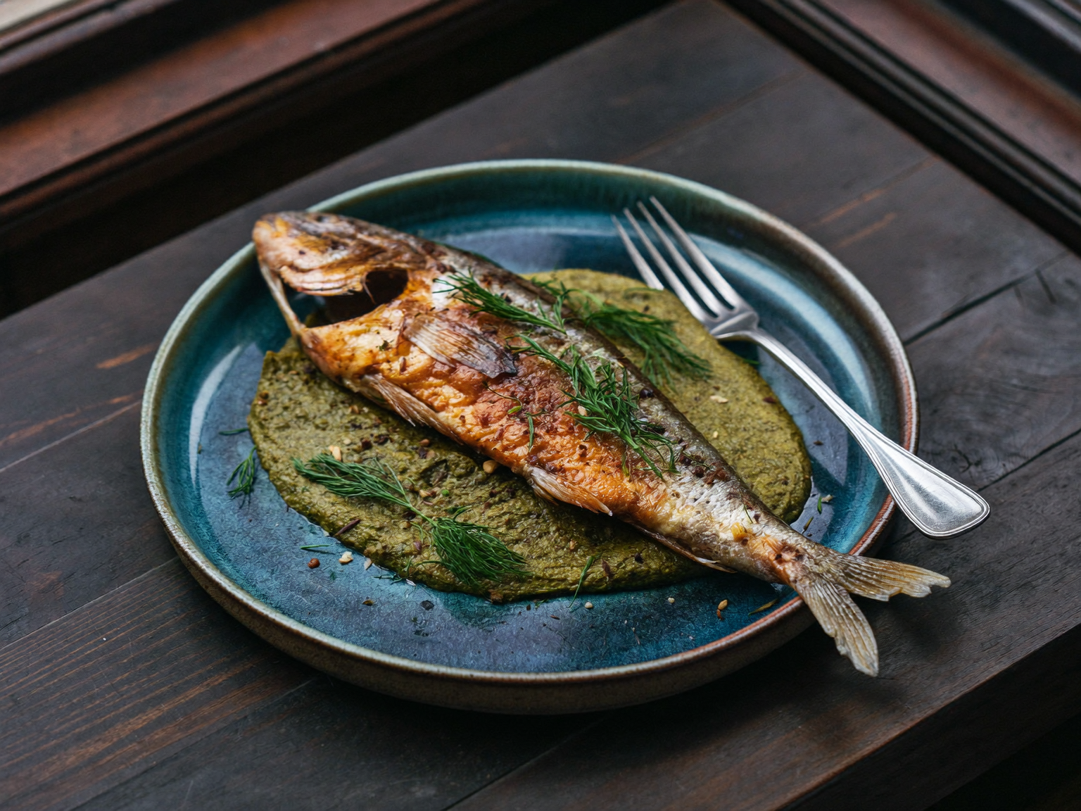 Baked whole branzino with olive tapenade and dill